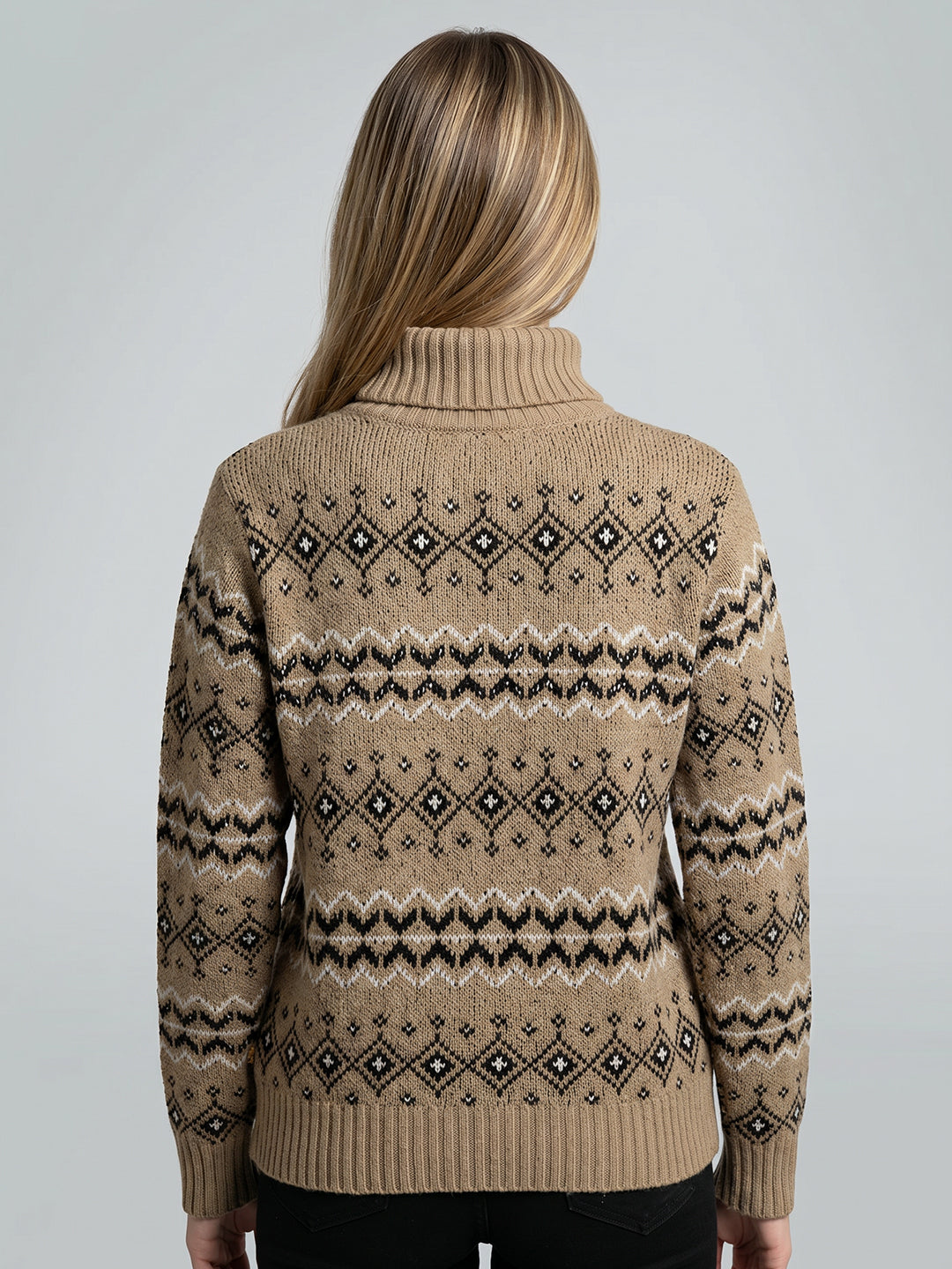 Women Camel Brown Jacquard High Neck Full Sleeve Pullover