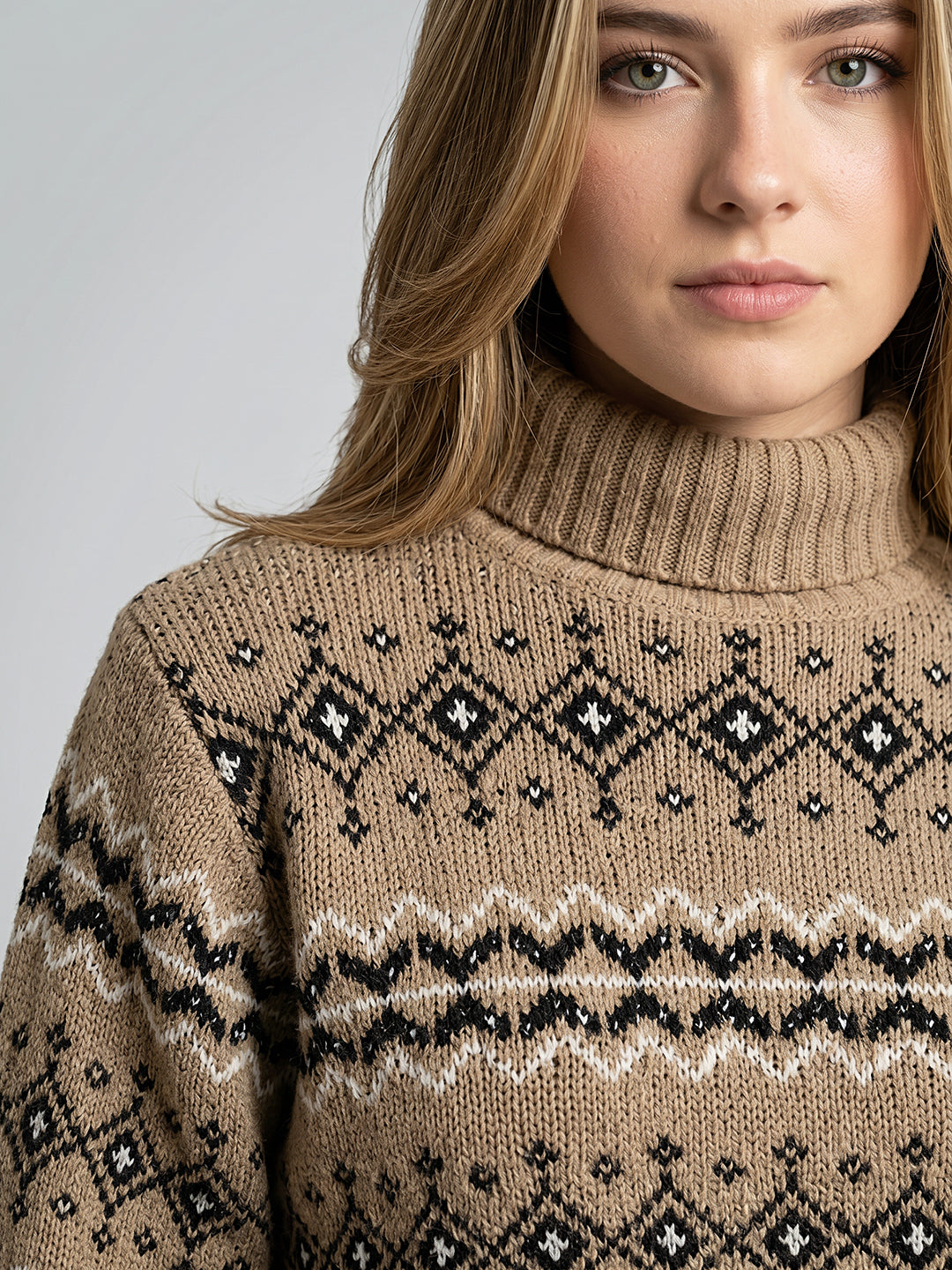 Women Camel Brown Jacquard High Neck Full Sleeve Pullover