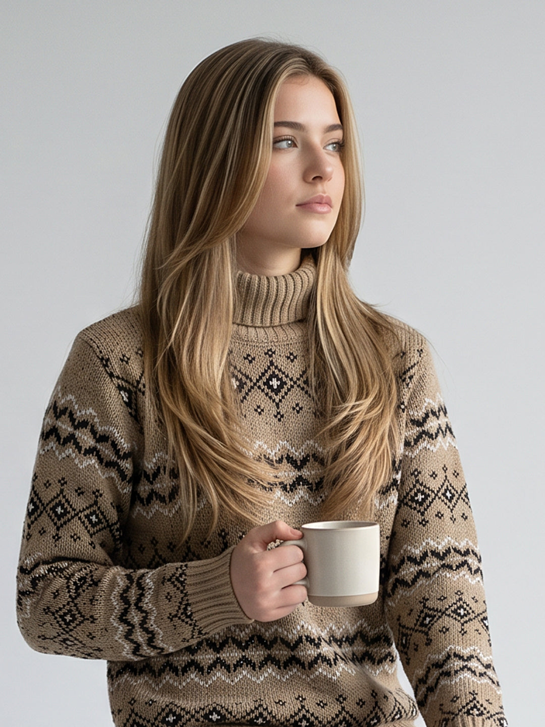 Women Camel Brown Jacquard High Neck Full Sleeve Pullover