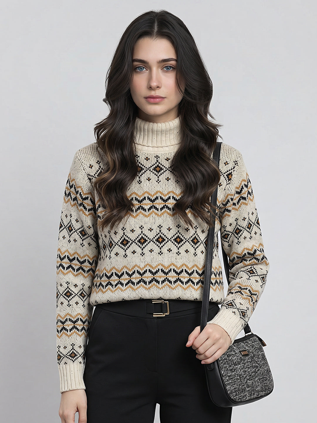 Women Cream Jacquard High Neck Full Sleeve Pullover