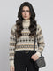 Women Cream Jacquard High Neck Full Sleeve Pullover