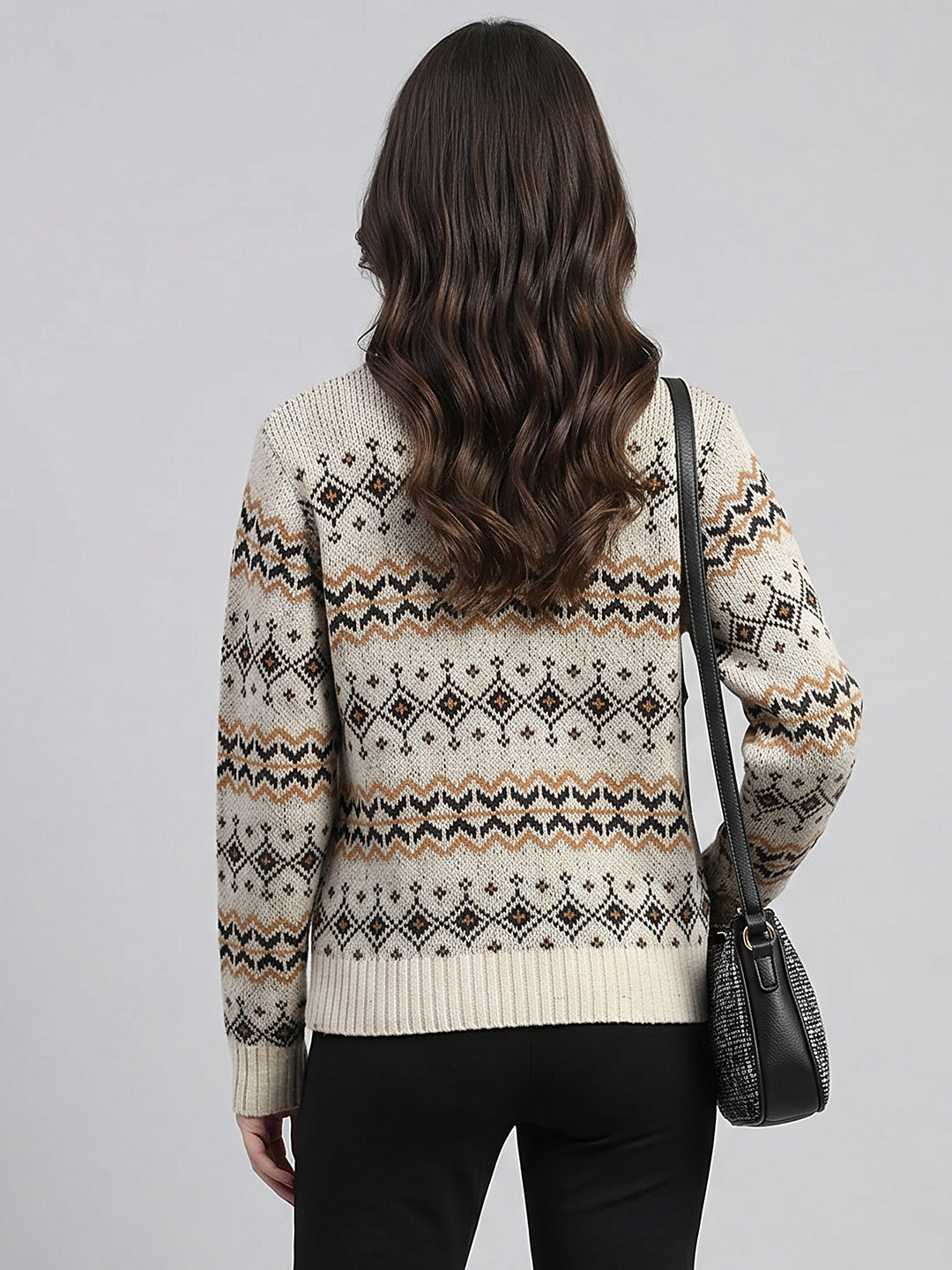 Women Cream Jacquard High Neck Full Sleeve Pullover