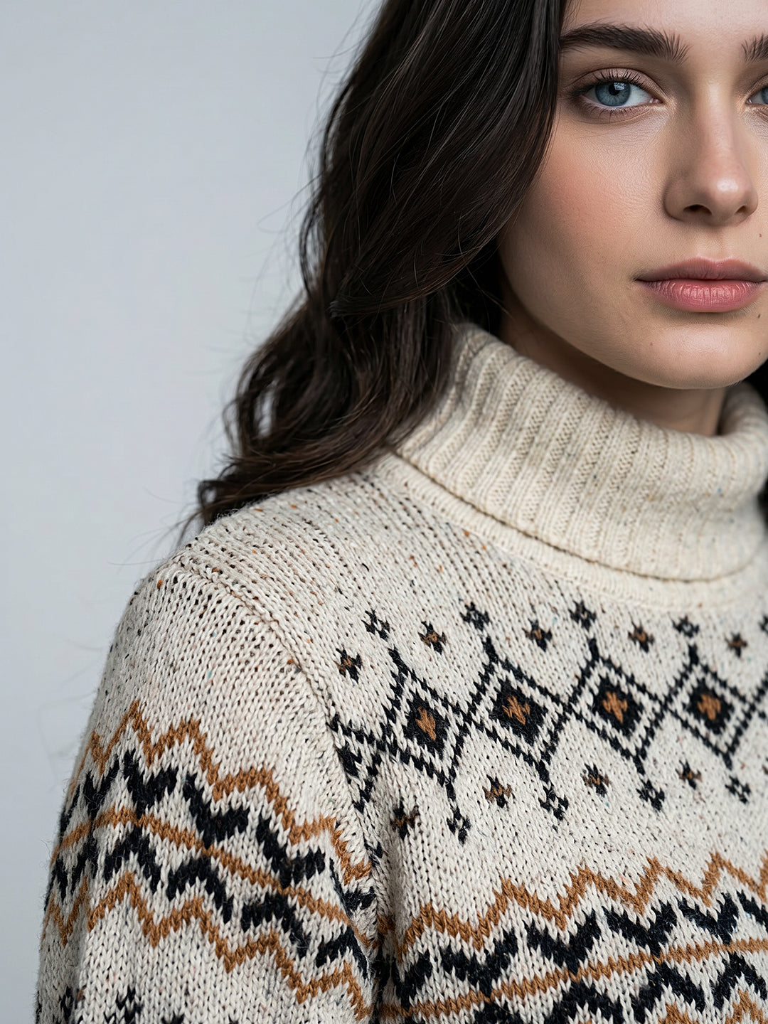Women Cream Jacquard High Neck Full Sleeve Pullover