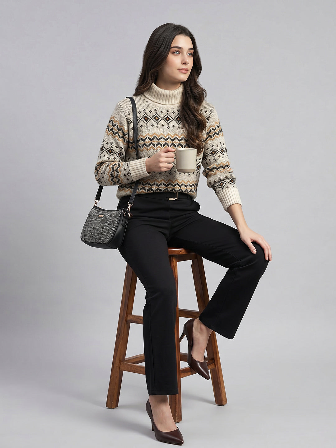 Women Cream Jacquard High Neck Full Sleeve Pullover