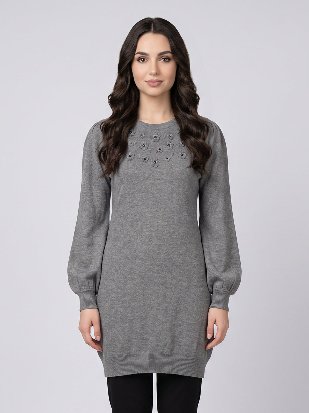 Women Grey Self Design Round Neck Full Sleeve Winter Top