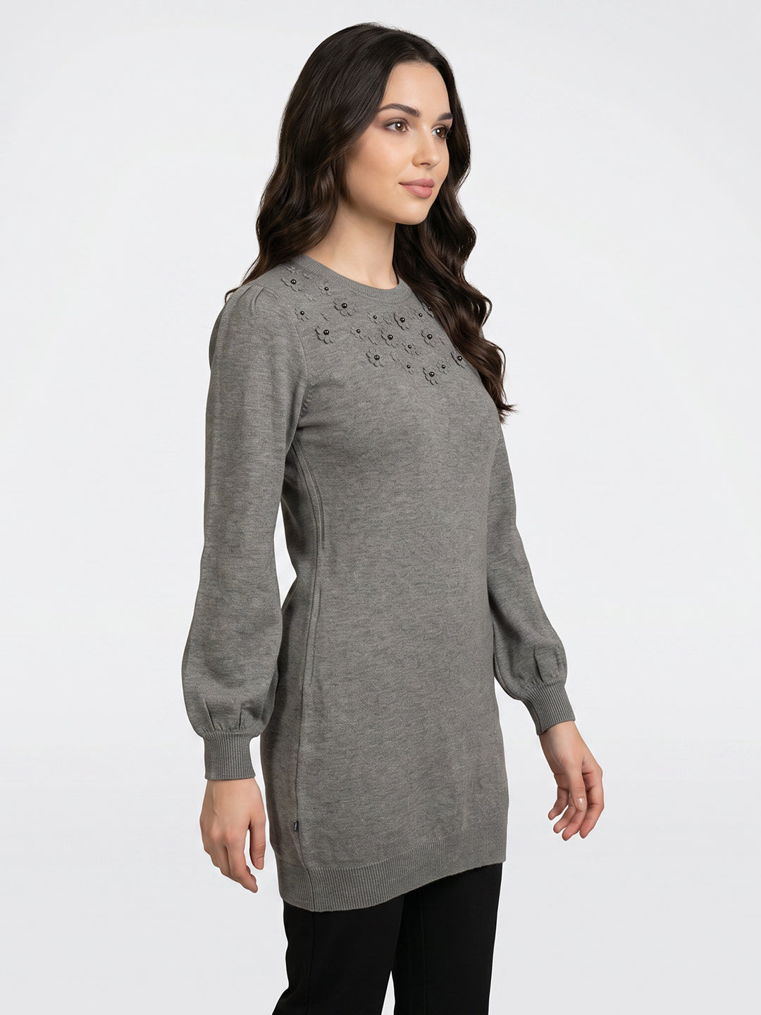 Women Grey Self Design Round Neck Full Sleeve Winter Top