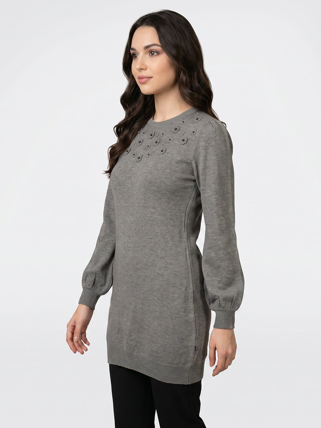 Women Grey Self Design Round Neck Full Sleeve Winter Top