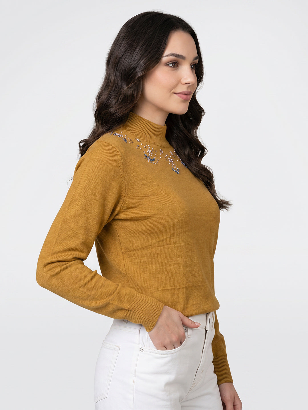 Women Mustard Solid Turtle Neck Full Sleeve Winter Top
