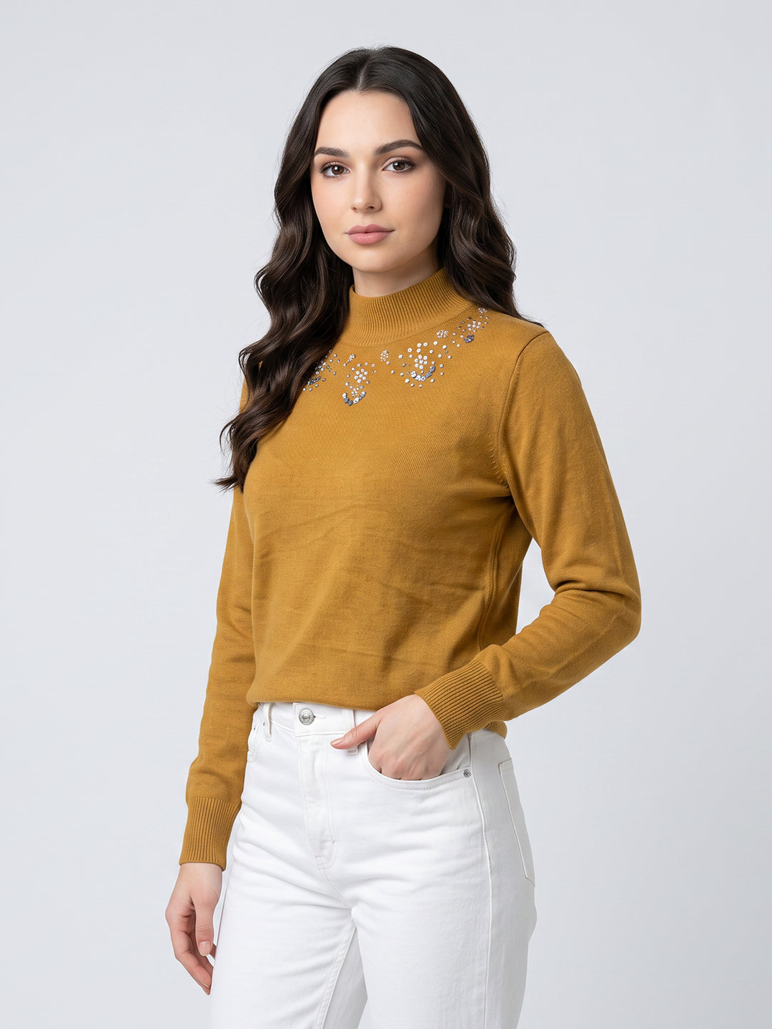 Women Mustard Solid Turtle Neck Full Sleeve Winter Top