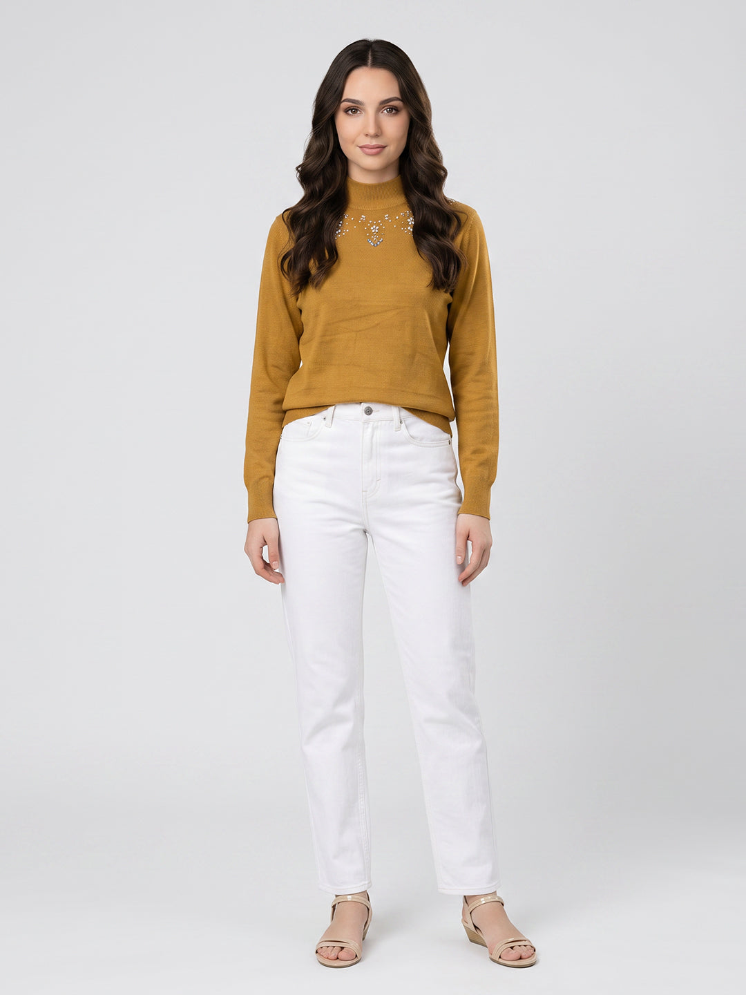 Women Mustard Solid Turtle Neck Full Sleeve Winter Top