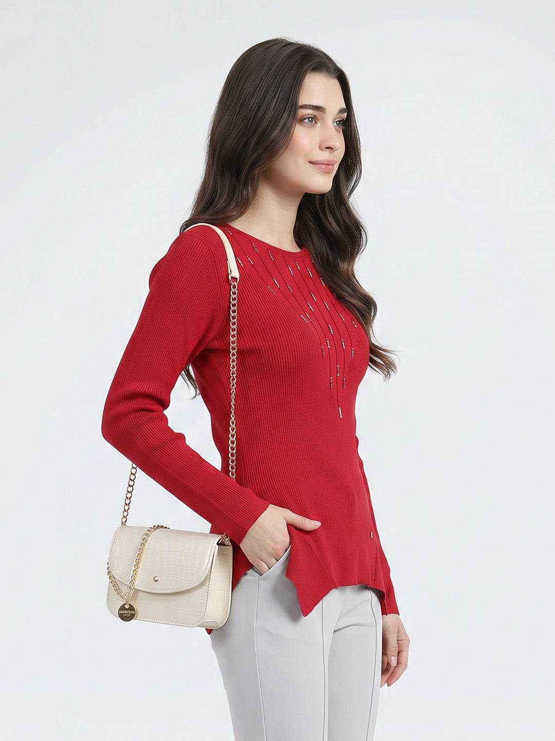 Women Red Self Design Round Neck Full Sleeve Winter Top