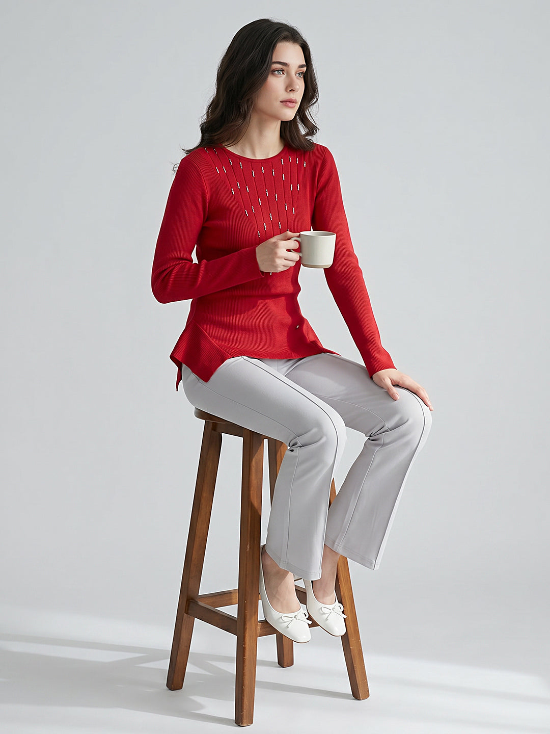 Women Red Self Design Round Neck Full Sleeve Winter Top
