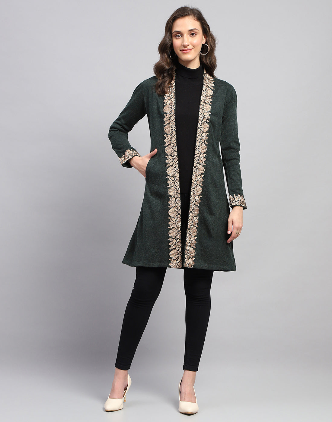 Women Green Self Design Front Open Full Sleeve Cardigan