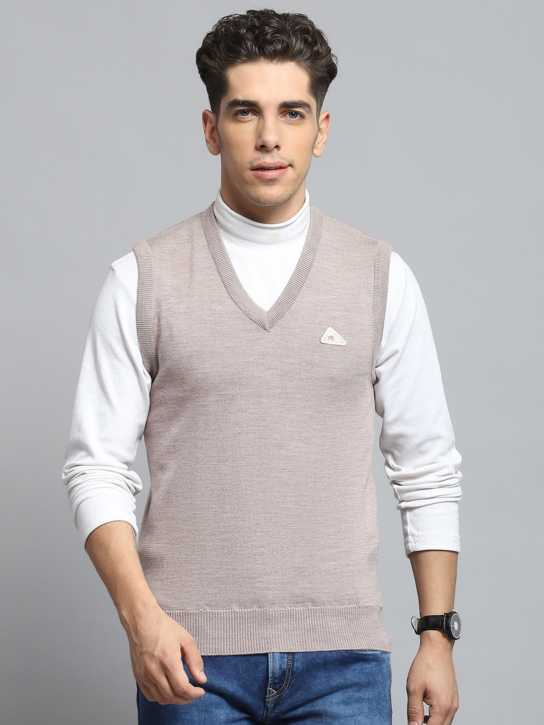 Men Beige Solid V Neck Sleeveless Sweater