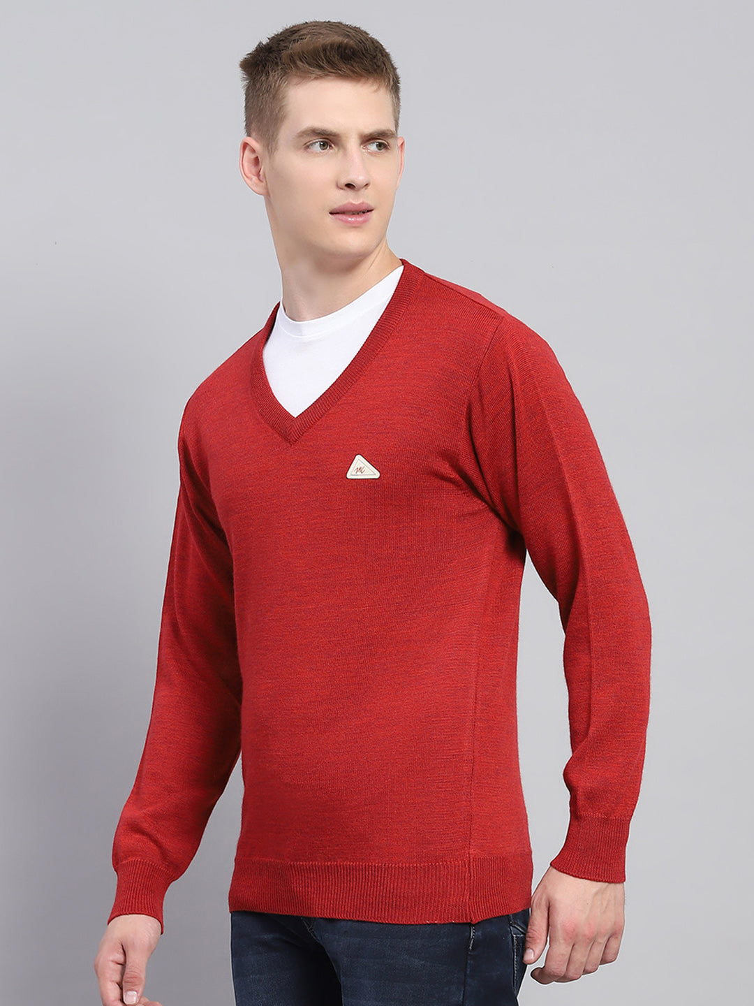 Men Maroon Solid V Neck Full Sleeve Pullover