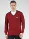 Men Maroon Solid V Neck Full Sleeve Pullover