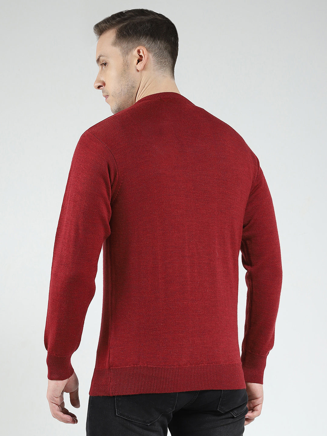 Men Maroon Solid V Neck Full Sleeve Pullover