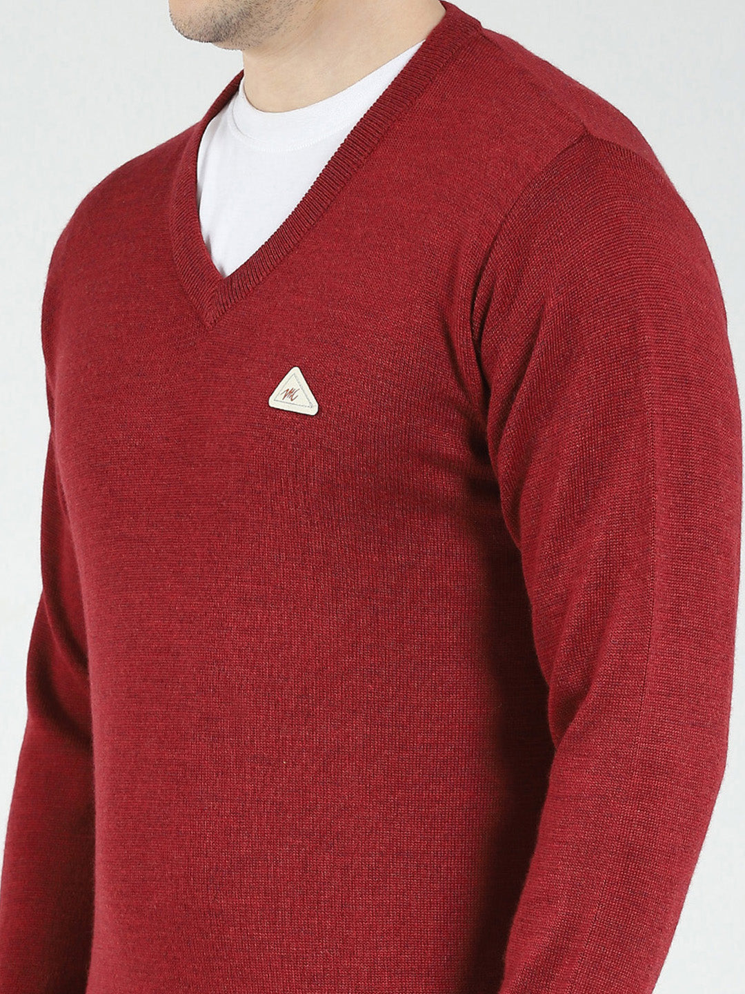 Men Maroon Solid V Neck Full Sleeve Pullover