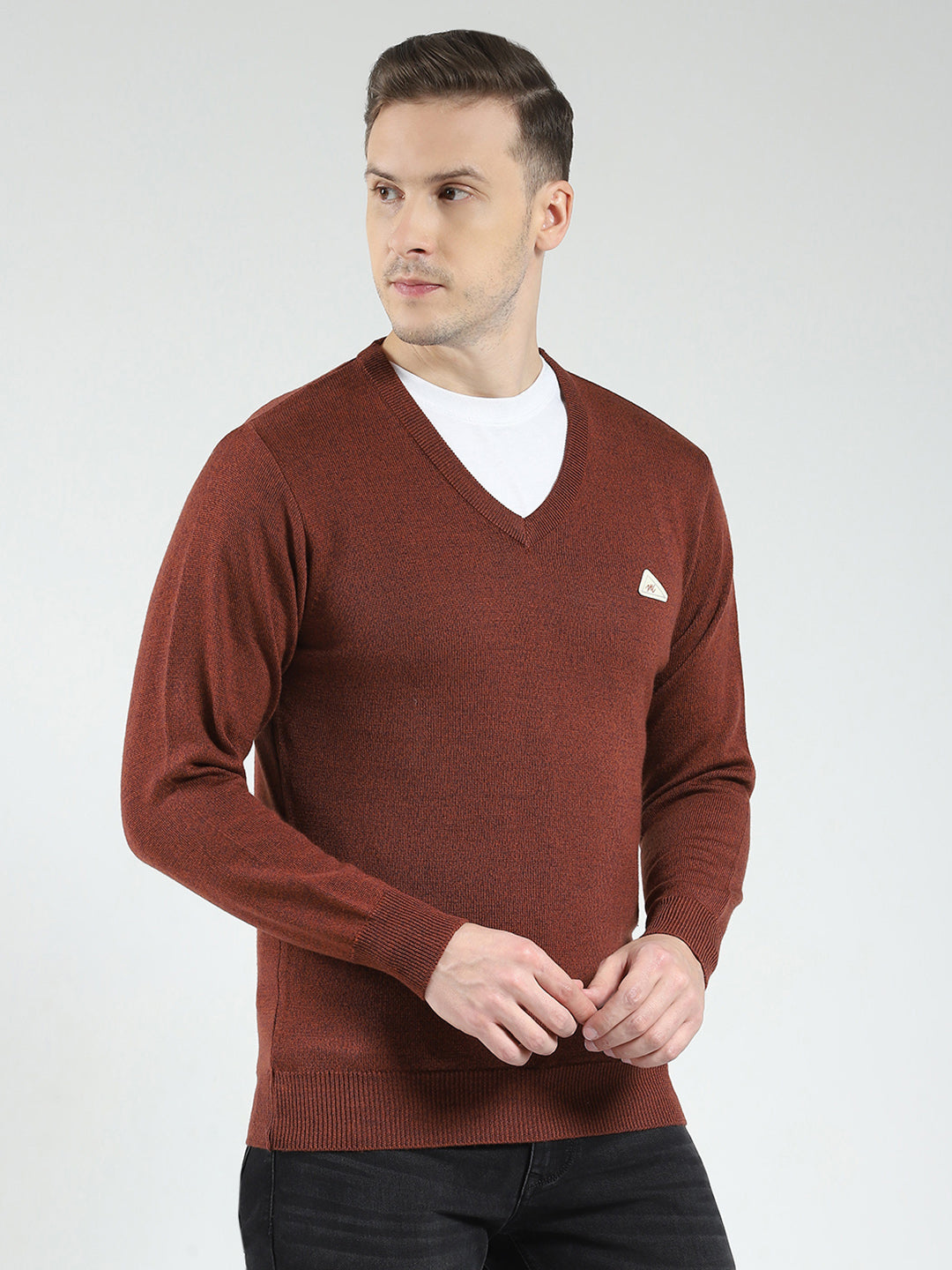 Men Rust Solid V Neck Full Sleeve Pullover