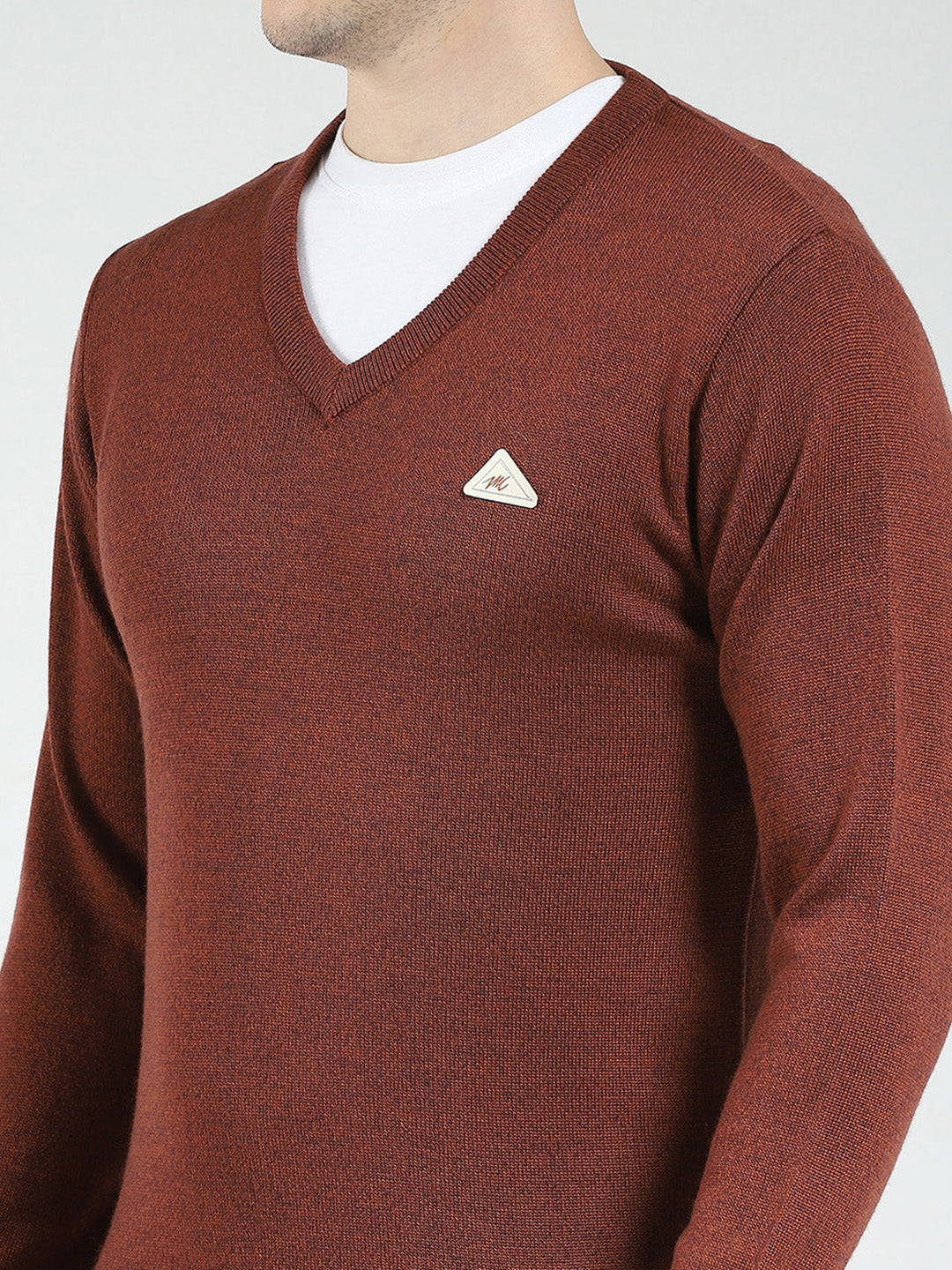Men Rust Solid V Neck Full Sleeve Pullover