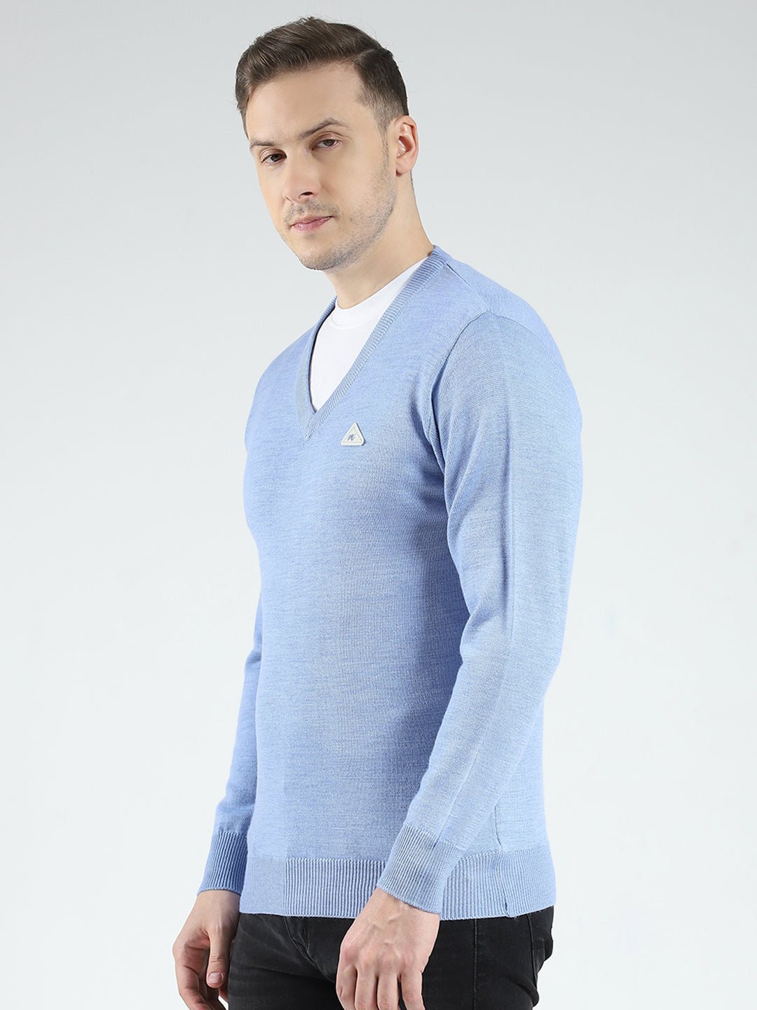Men Blue Solid V Neck Full Sleeve Pullover