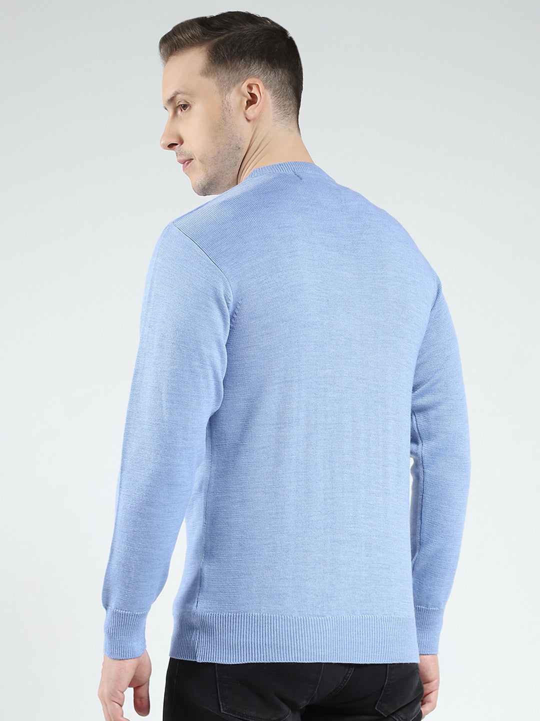Men Blue Solid V Neck Full Sleeve Pullover