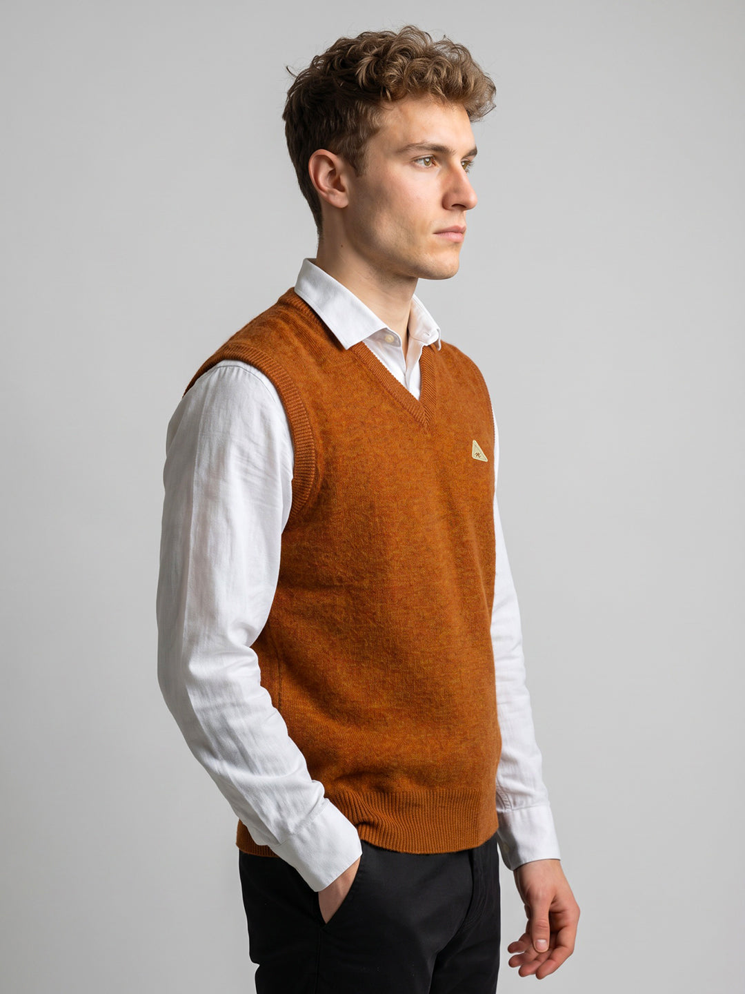 Men Rust Solid V Neck Sleeveless Sweater