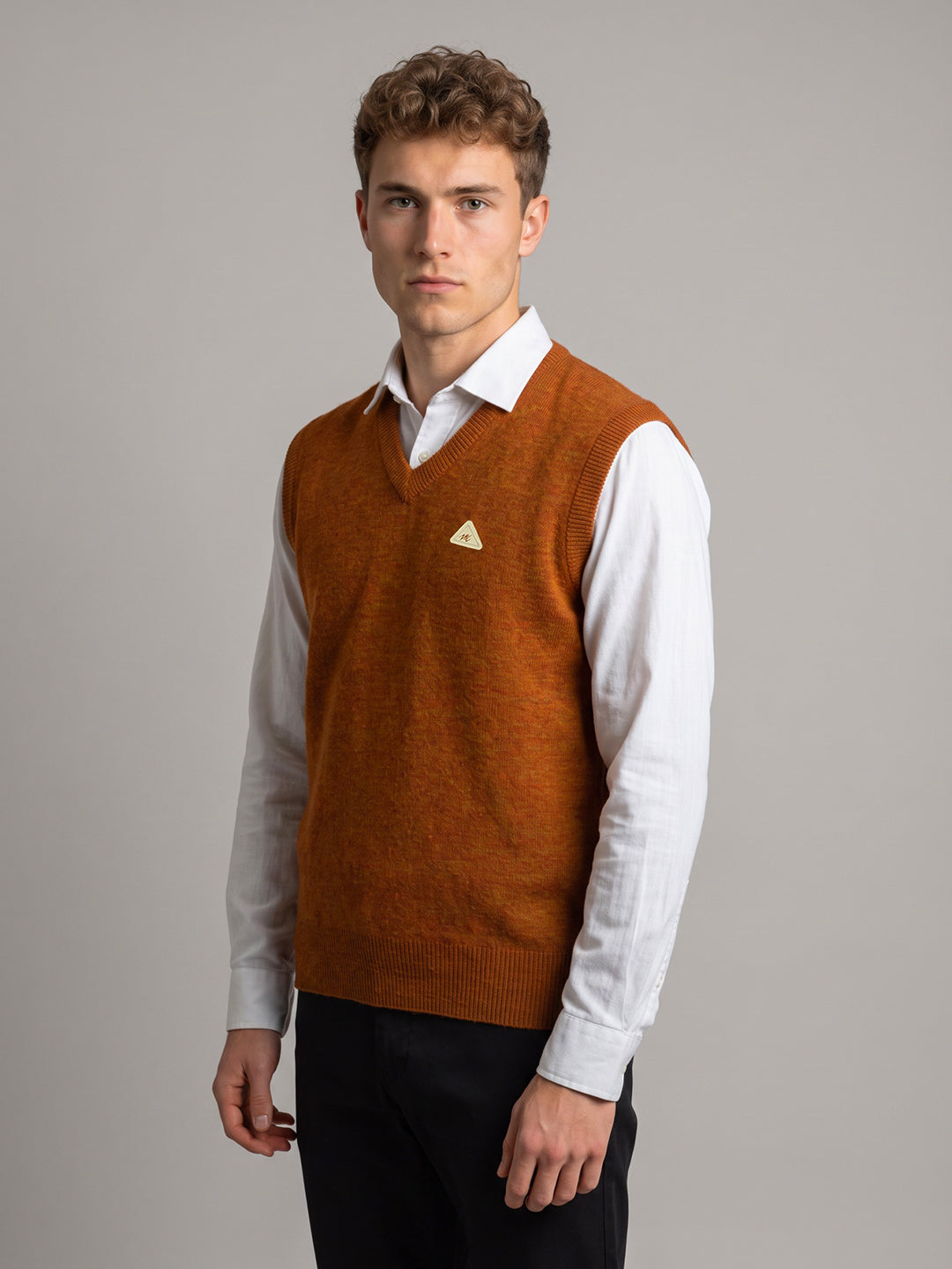 Men Rust Solid V Neck Sleeveless Sweater