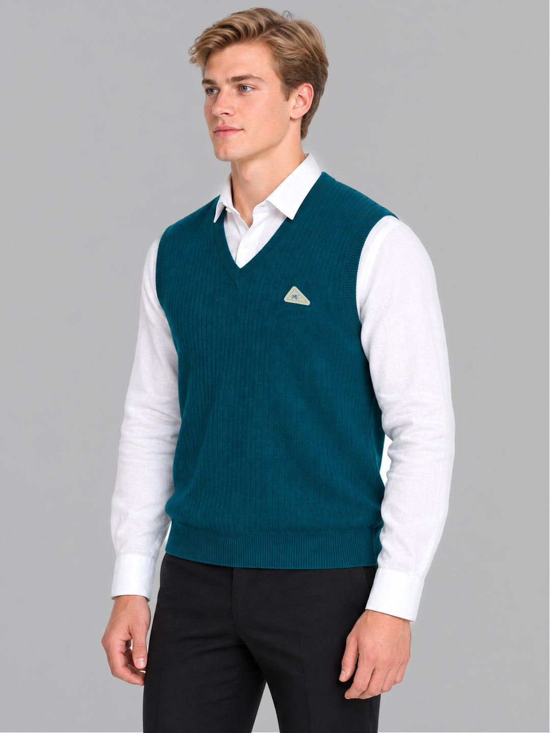Men Blue Solid V Neck Sleeveless Sweater