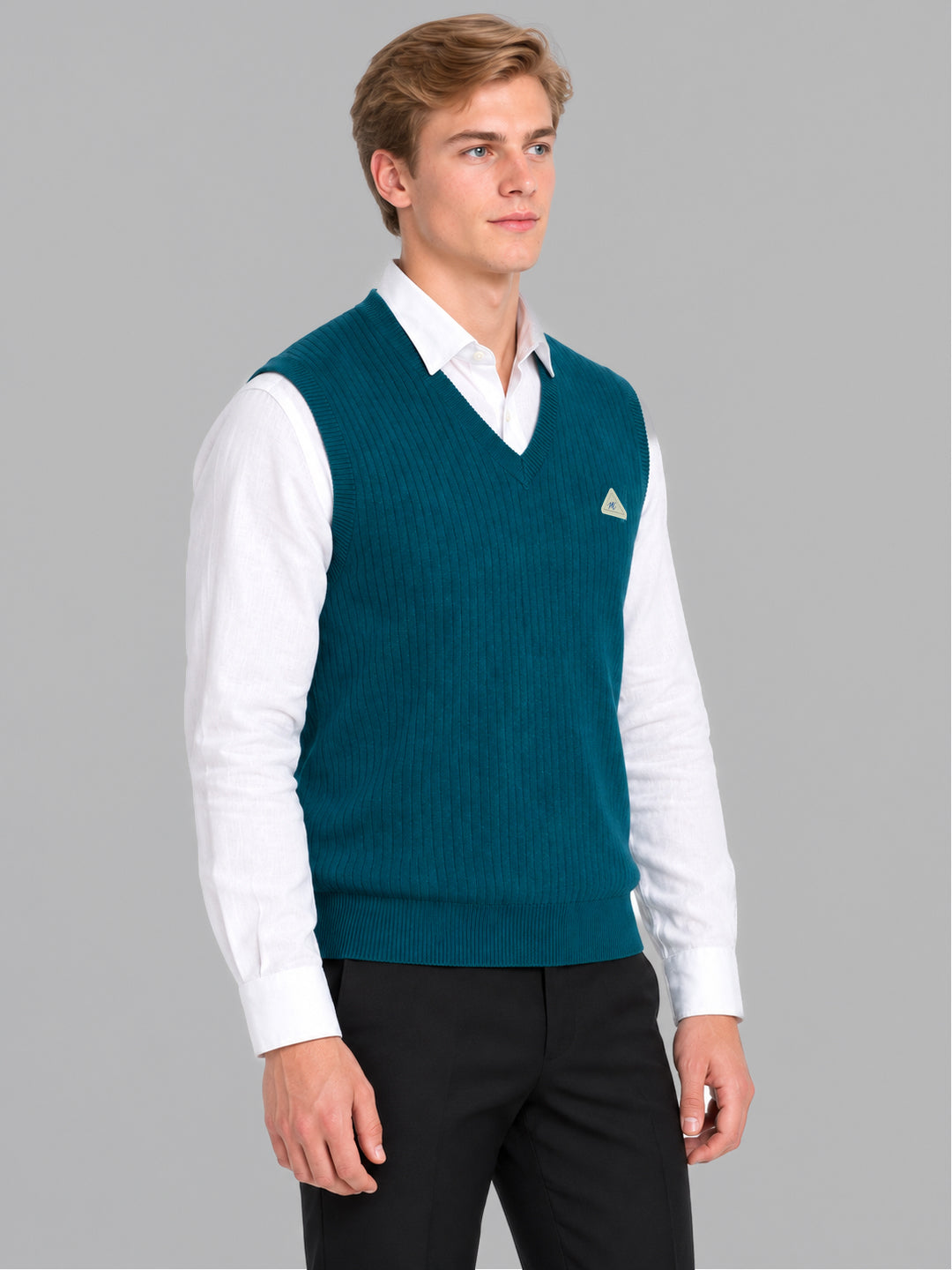 Men Blue Solid V Neck Sleeveless Sweater