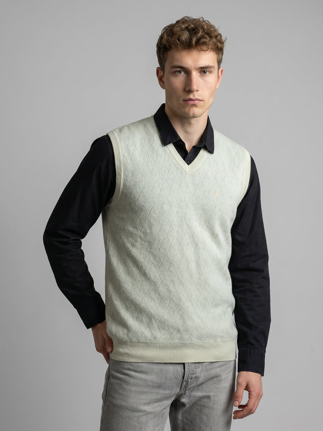 Luxuria Men White Self Design V Neck Sleeveless Sweater