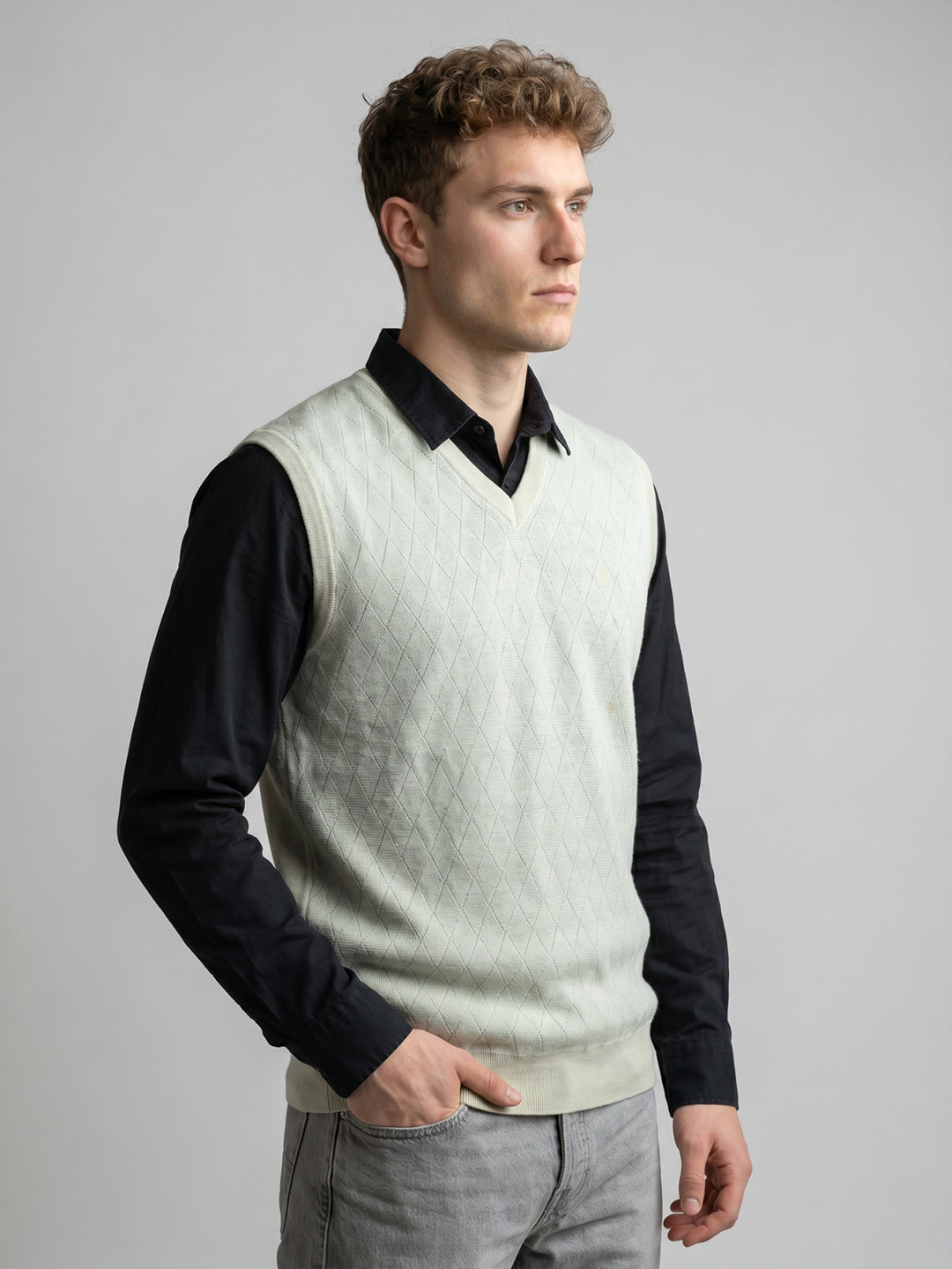 Luxuria Men White Self Design V Neck Sleeveless Sweater