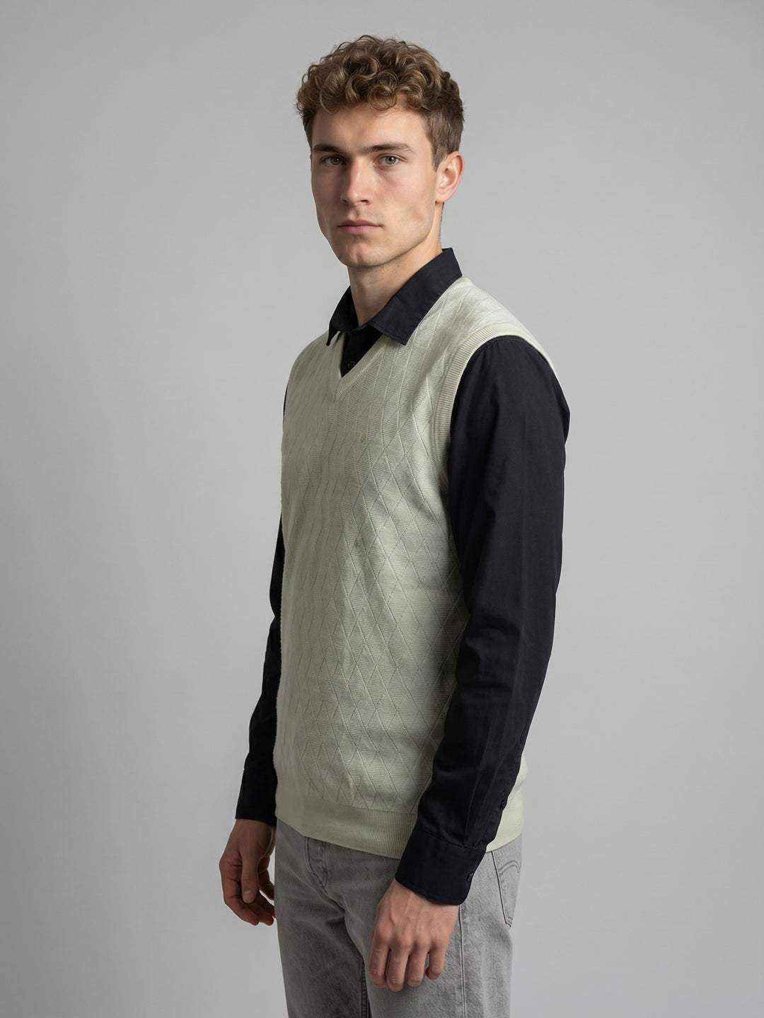 Luxuria Men White Self Design V Neck Sleeveless Sweater
