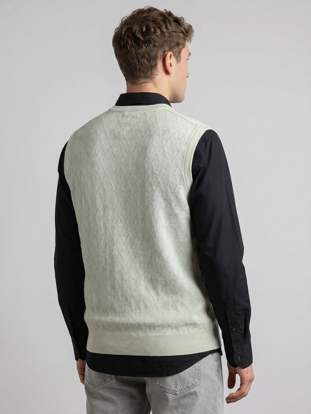 Luxuria Men White Self Design V Neck Sleeveless Sweater