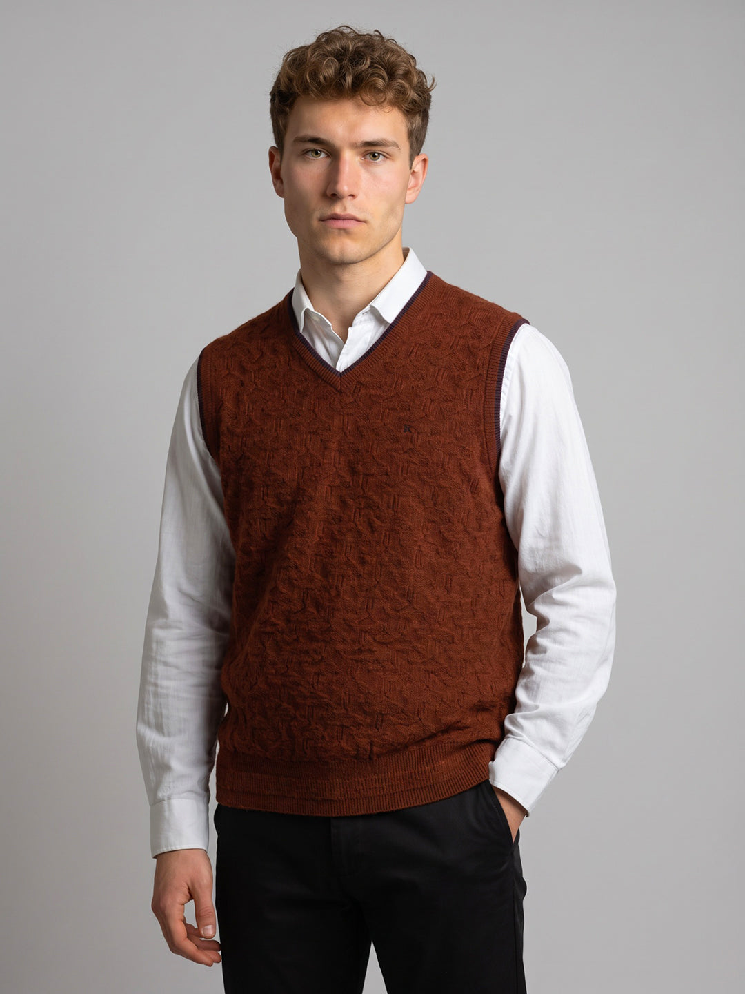 Luxuria Men Rust Self Design V Neck Sleeveless Sweater
