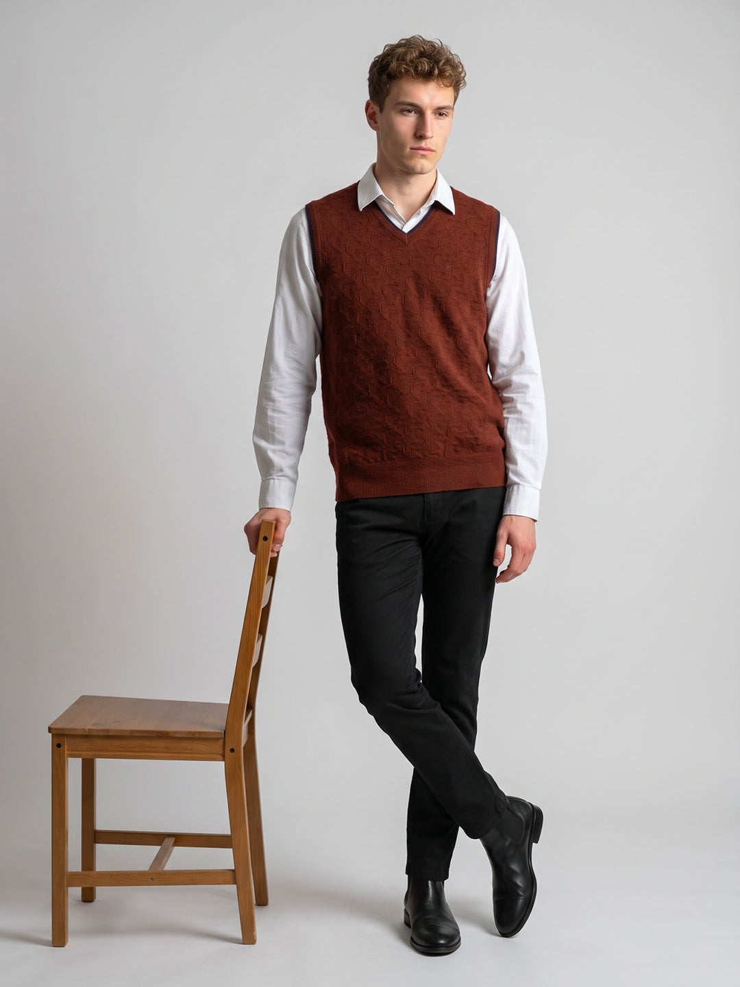 Luxuria Men Rust Self Design V Neck Sleeveless Sweater