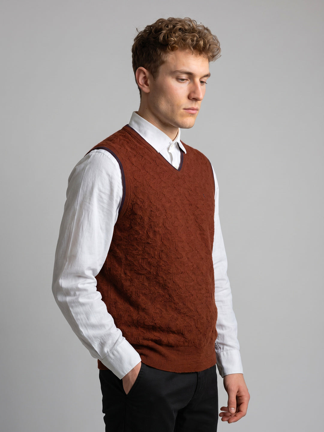 Luxuria Men Rust Self Design V Neck Sleeveless Sweater