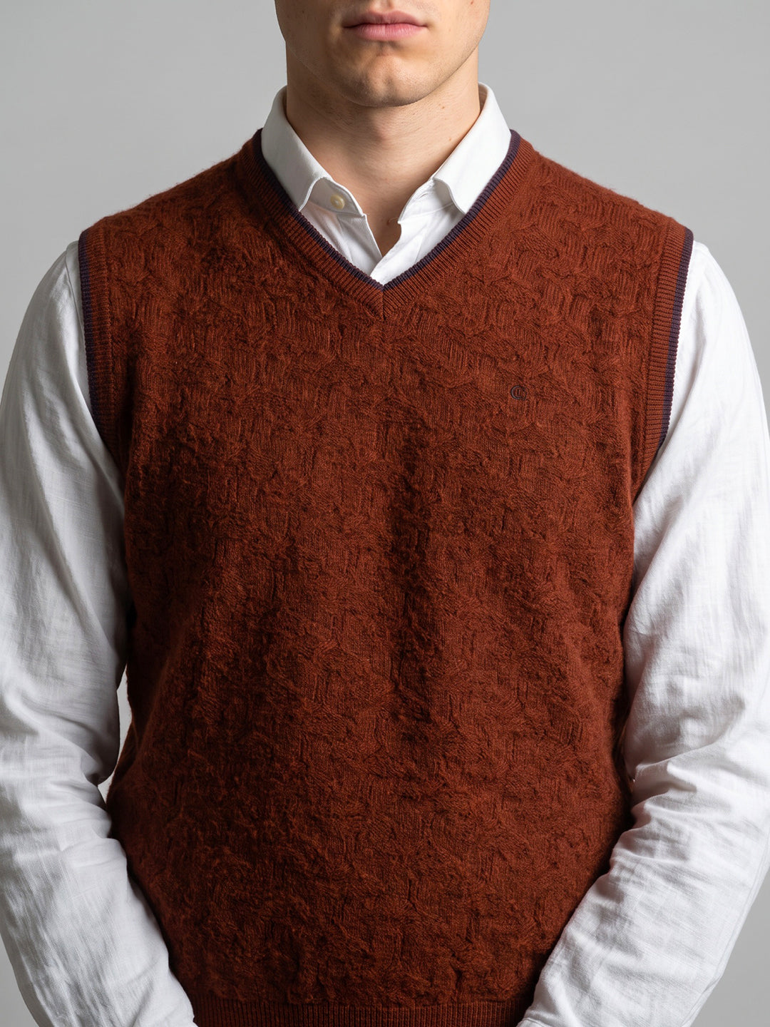 Luxuria Men Rust Self Design V Neck Sleeveless Sweater