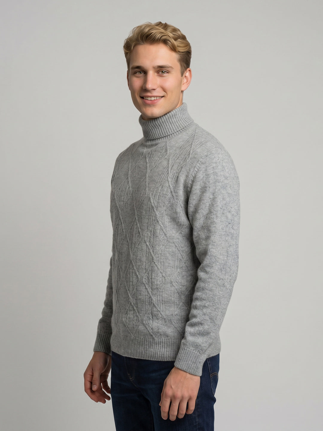 Luxuria Men Grey Melange Self Design High Neck Full Sleeve Pullover