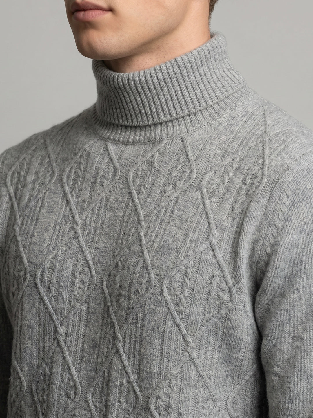 Luxuria Men Grey Melange Self Design High Neck Full Sleeve Pullover