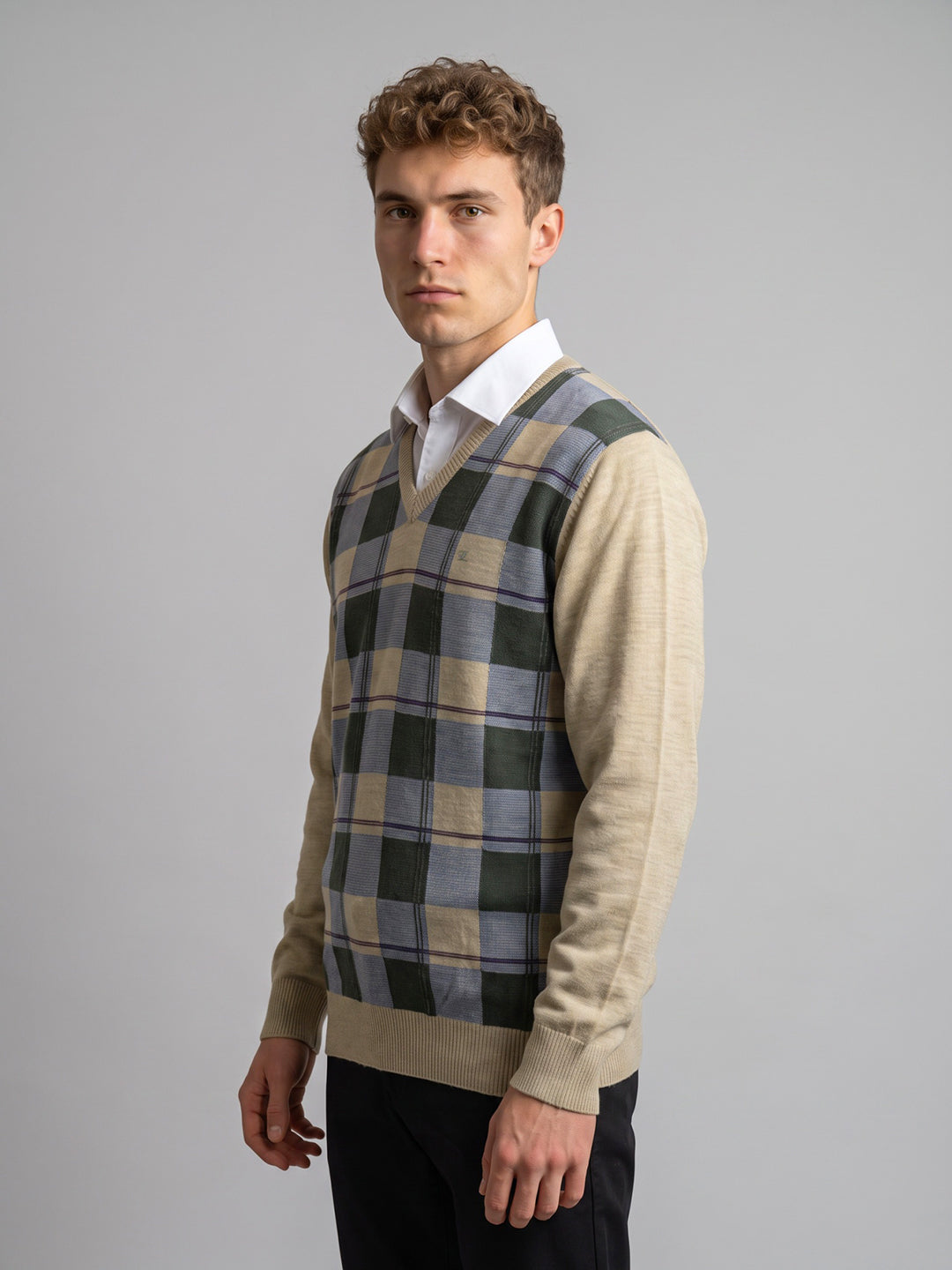 Luxuria Men Beige Check V Neck Full Sleeve Pullover