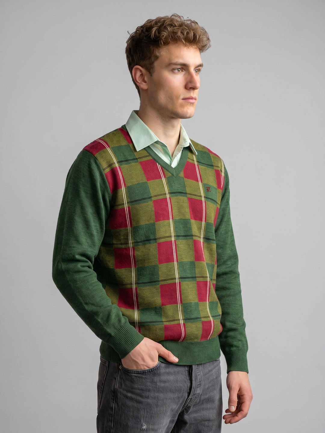 Luxuria Men Green Check V Neck Full Sleeve Pullover