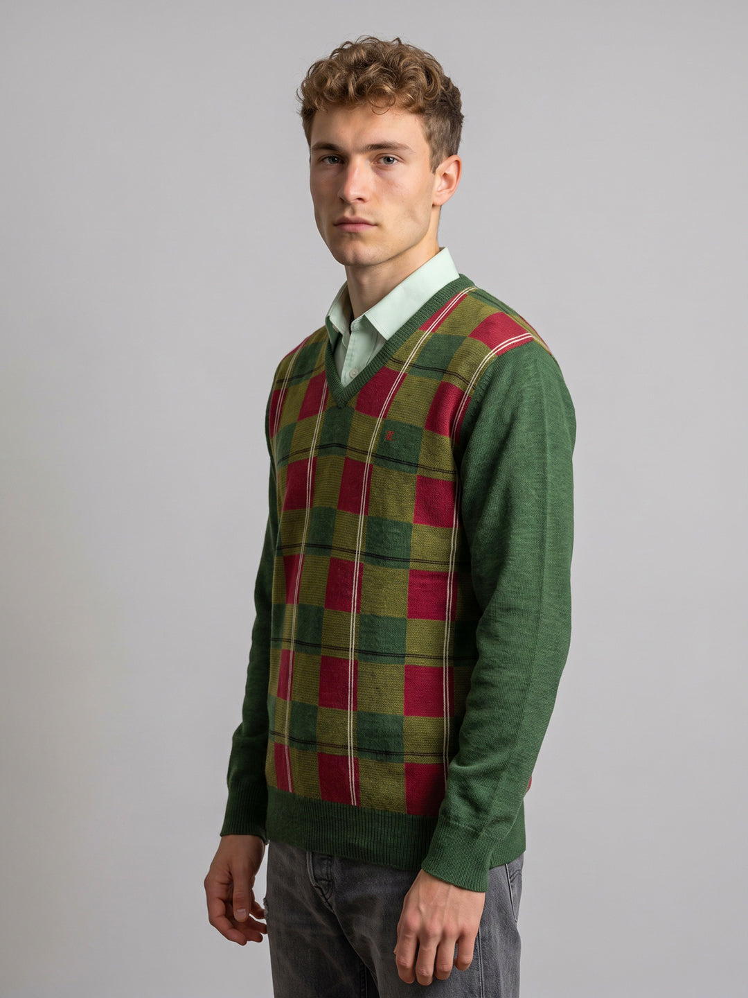 Luxuria Men Green Check V Neck Full Sleeve Pullover