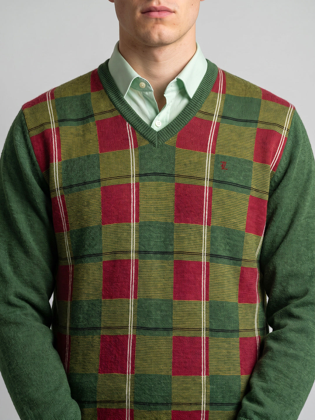 Luxuria Men Green Check V Neck Full Sleeve Pullover