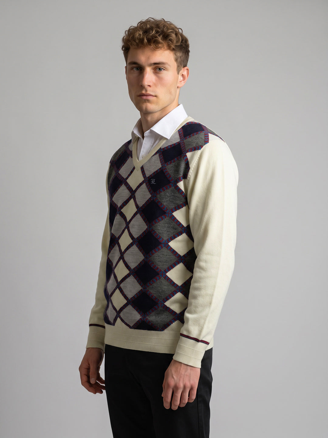 Luxuria Men White Self Design V Neck Full Sleeve Pullover