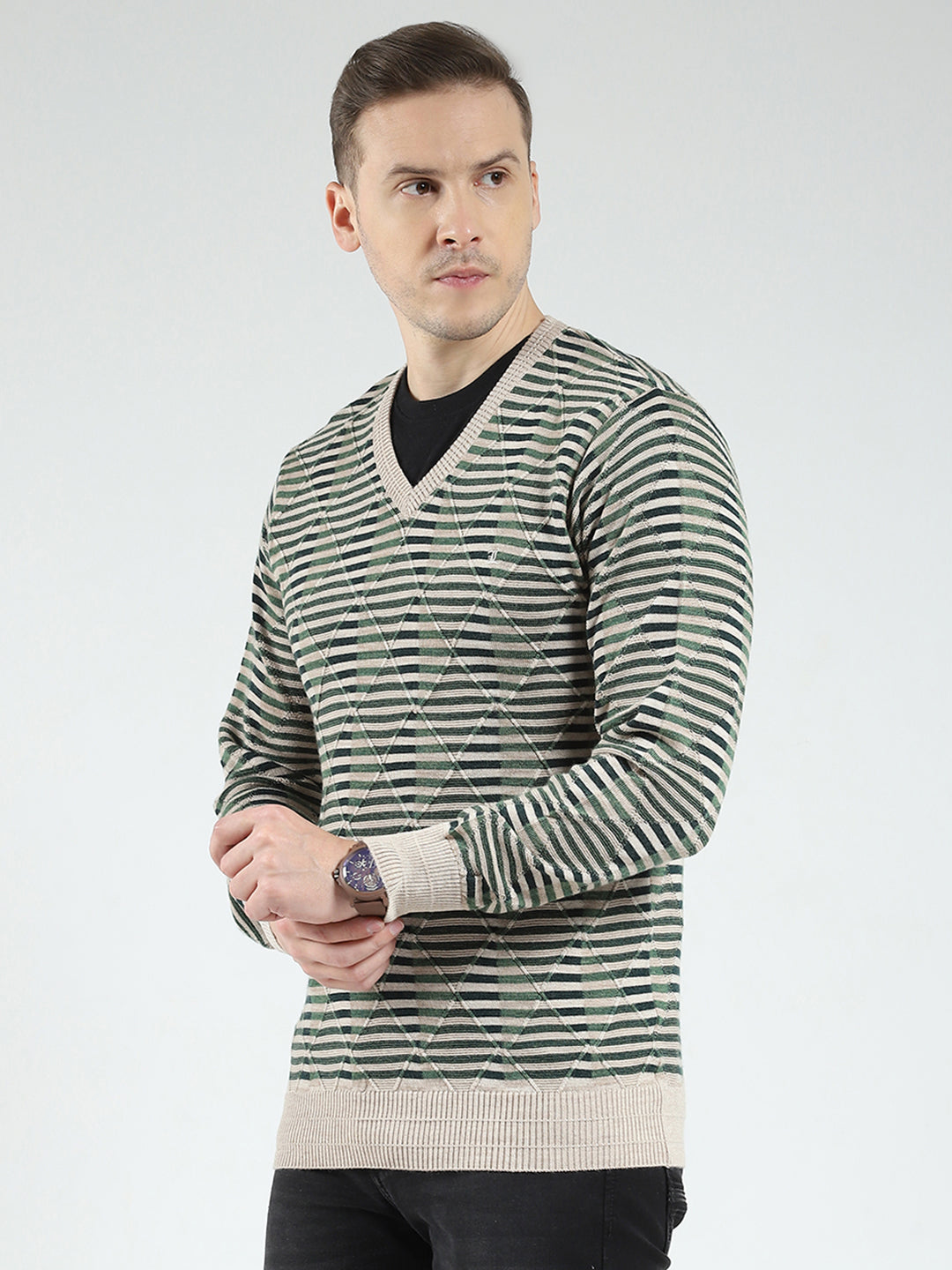 Luxuria Men Green Stripe V Neck Full Sleeve Pullover