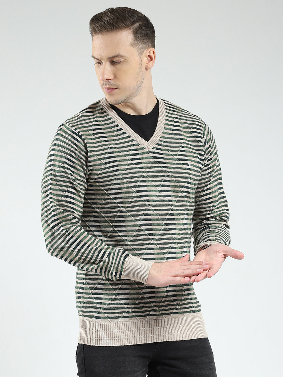 Luxuria Men Green Stripe V Neck Full Sleeve Pullover