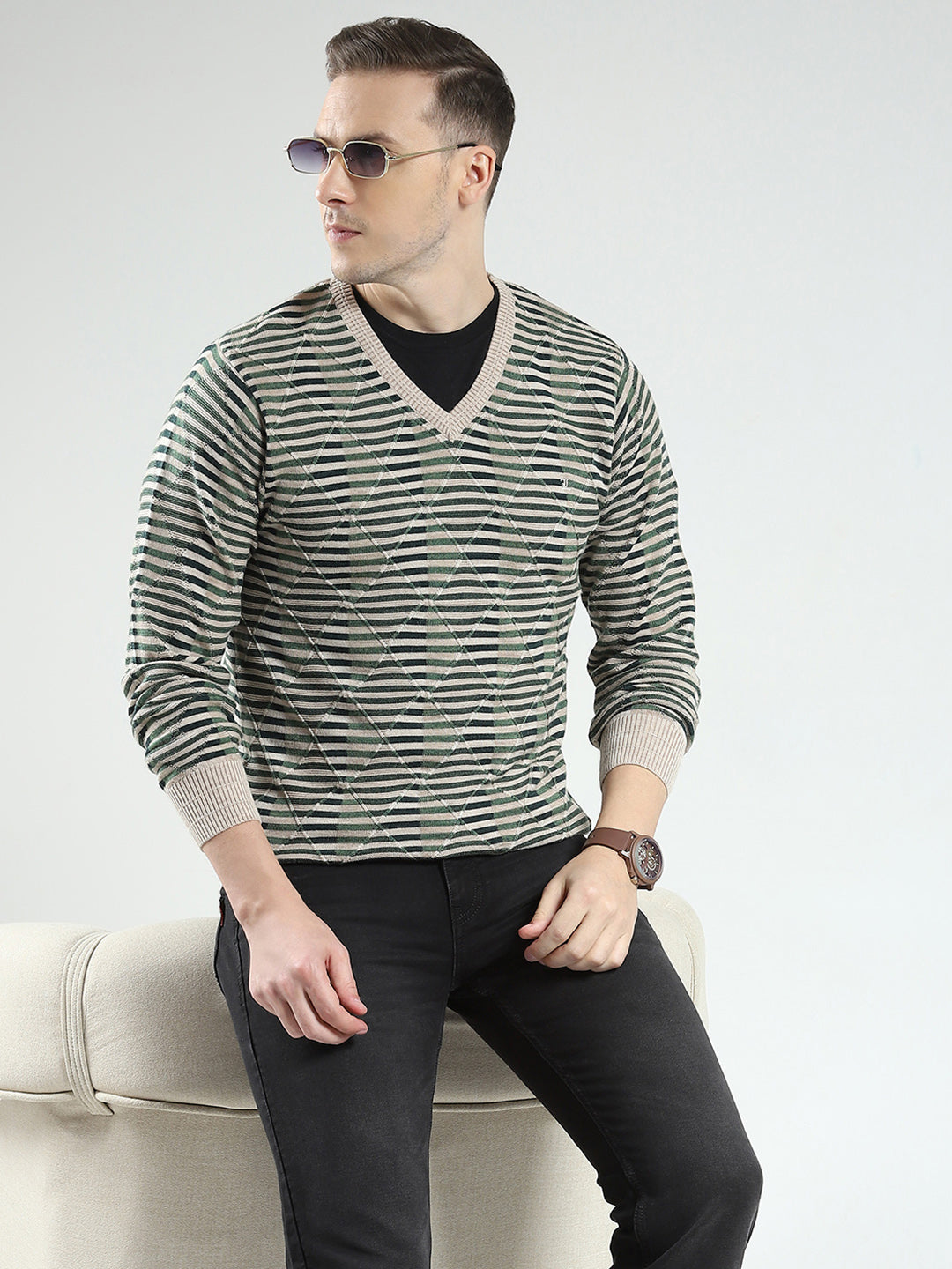Luxuria Men Green Stripe V Neck Full Sleeve Pullover