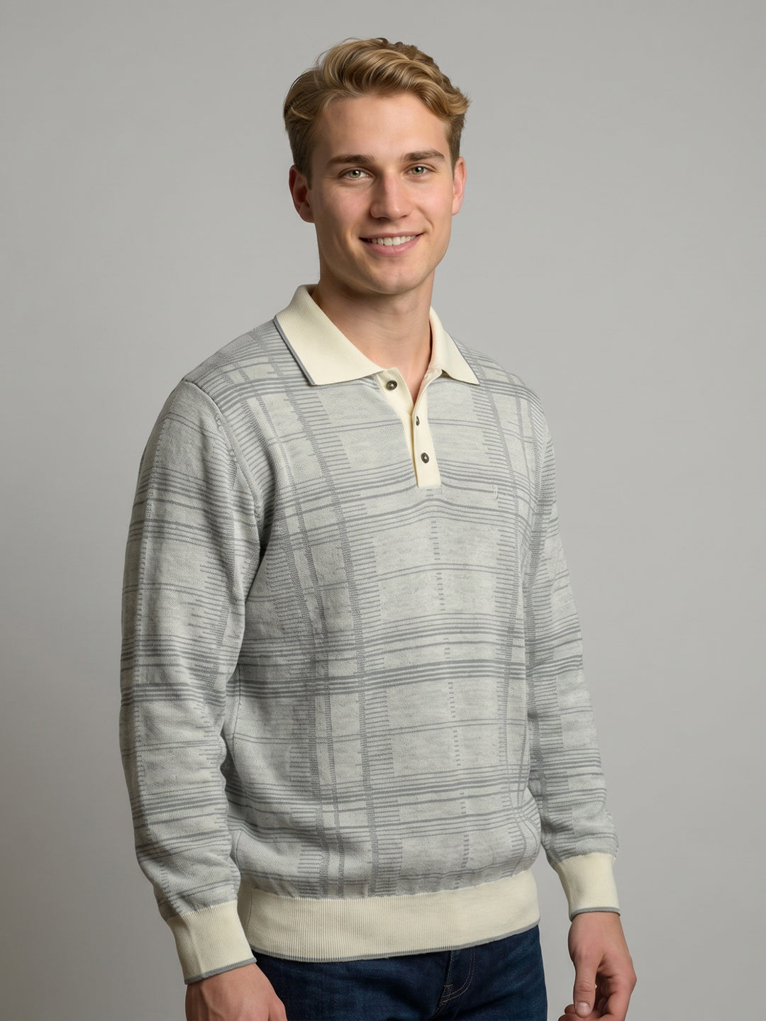 Luxuria Men Grey Jacquard Collar Full Sleeve Sweatshirt