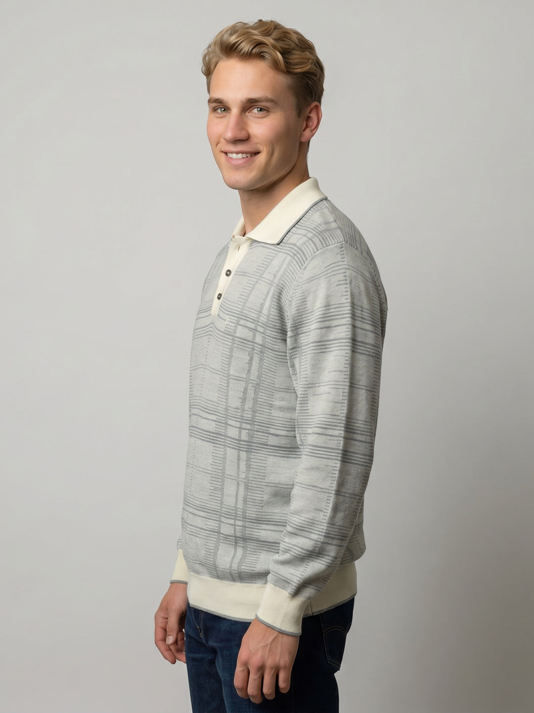 Luxuria Men Grey Jacquard Collar Full Sleeve Sweatshirt